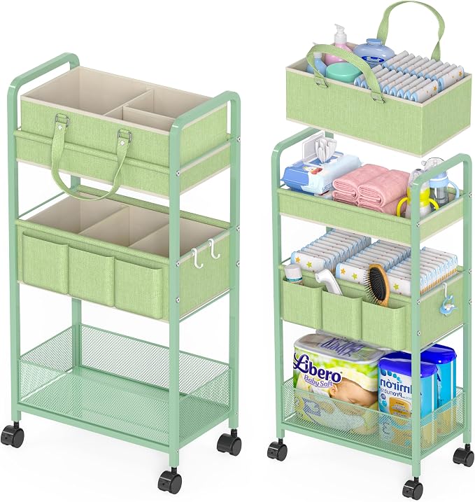 2in1 Baby Diaper Caddy Organizer Cart, 3-Tier Rolling Cart, Metal Diaper Caddy Carts, Bedside Carts for Nursery Essentials Storage, Detachable Dividers, Large Capacity, Green by LIDTOP