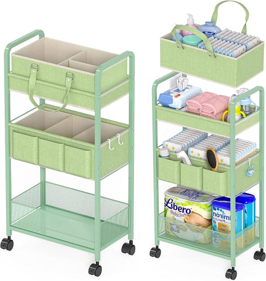 2in1 Baby Diaper Caddy Organizer Cart, 3-Tier Rolling Cart, Metal Diaper Caddy Carts, Bedside Carts for Nursery Essentials Storage, Detachable Dividers, Large Capacity, Green by LIDTOP