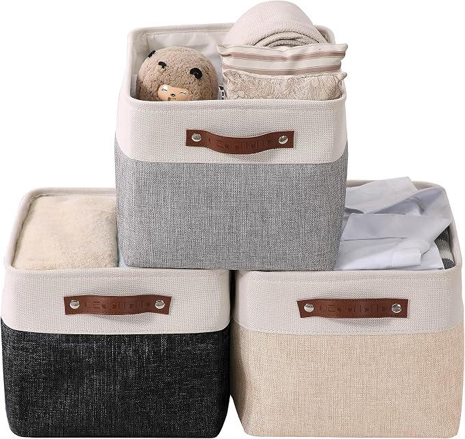 DECOMOMO Storage Bins, Large Fabric Storage Baskets for Shelves 3 Pack | 15 x 11 x 9.5 inches Decorative Linen Closet Organizers (Mixed Neutral) by DECOMOMO
