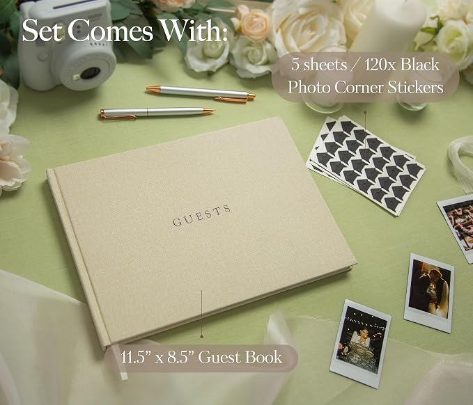 Linen Photo Guest Book (Cream) - 11.5" x 8.5" Large Hardcover Sign In Book | w/ 120 Photo Corner Stickers | Ivory Photo & Message Book for Baby Shower, Retirement, Memorial, Birthday, Graduation Party - Image 2