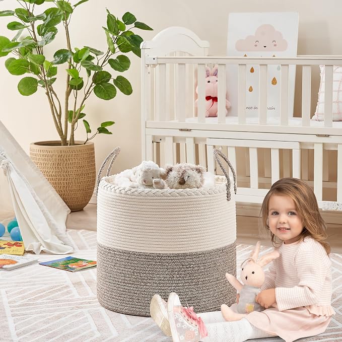 KAKAMAY Large Blanket Basket (18"x18"x16"),Woven Baby Laundry Hamper for Storage, Cotton Rope Blankets Baskets for Nursery, Laundry, Living Room, Pillows, Baby Toy chest with Handles (White/Beige) - Image 3