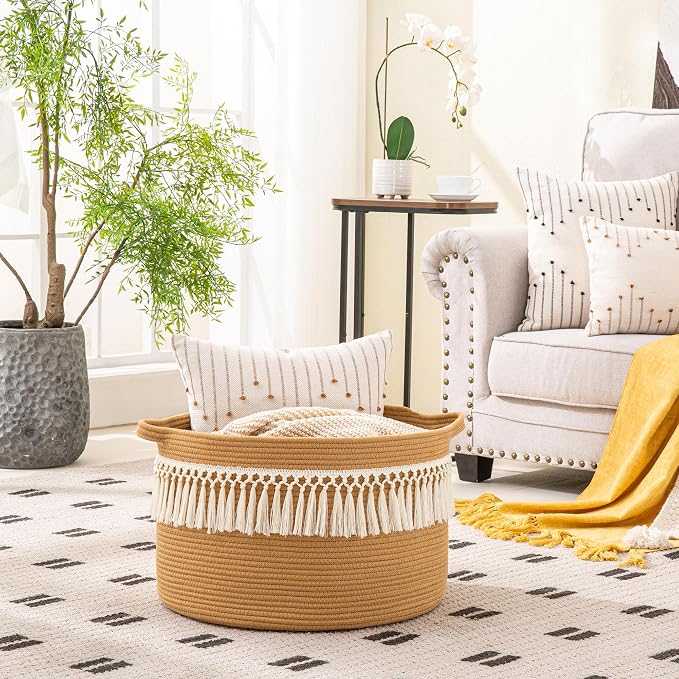 KAKAMAY Large Blanket Basket with Handles, Storage Basket for Living Room | Extra Large Capacity | Natural Cotton Rope | Blanket Storage | Woven Storage Basket | Stuffed Animal Storage | Laundry Basket - Image 3