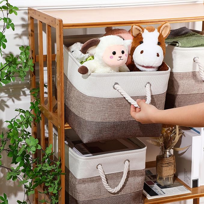 meekoo 8 Pack Collapsible Storage Bins Fabric Storage Bins Polyester Fabric Baskets with Handles Linen Closet Organizer for Shelf Home Closet Towels Toys(15 x 11 x 9.5 in,Mixed Beige) - Image 3