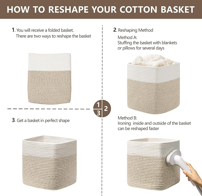 joybest 13inch Cube Storage Bins, Cotton Rope Woven Organizer Basket | Set of 4 Cube Bin Square Shelves Organizer Closet Storage, Nursery, Toy Organization, Brown&White - Image 7