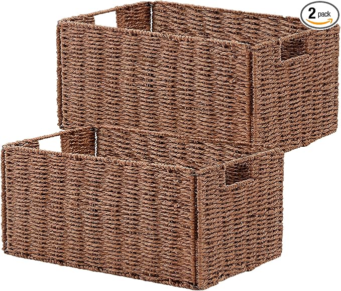 Wicker Storage Basket, Set of 2 Hand-Woven Paper Rope Wicker Basket, Small Storage Baskets for Organizing Toilet Paper, Foldable Large Cube Storage Organizer Bins for Shelves (Brown) by Vagusicc
