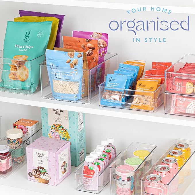 Plastic Food Storage 2 pack Clear Container Bin with Handles for Organizing Kitchen, Pantry, Refrigerator, Freezer, Pantry, Cabinet, Closet, Bathroom. Stackable 10”x8”x3” - Image 7