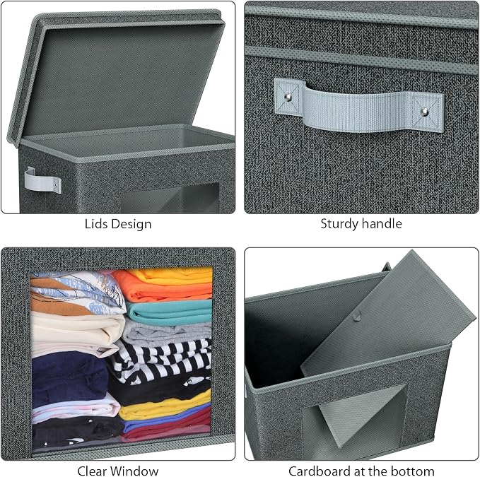 Univivi Fabric Storage Bins with Lids for Closet, 4 Pack, Black | Large Foldable Storage Boxes, Sturdy Collapsible Storage Bins with Clear Window, Storage Bins for Home, Closet, Shelves - Image 4