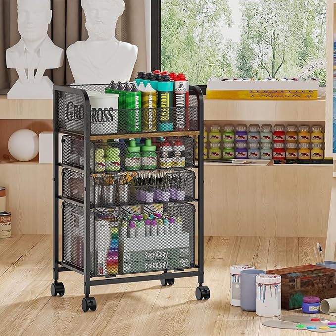 4-Tier Rolling Utility Cart with 3 Drawers-Craft Organizers and Storage with 360° Lockable Wheels,Art Supply Storage Organizer for Art Supplies, Store for Brushes & Paints & Artifacts Patent Pending - Image 2