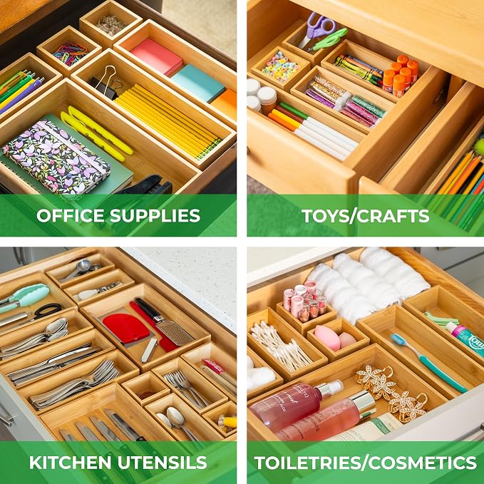 Grow Forward Bamboo Drawer Organizer Boxes - Set of 21 Wooden Drawer Organizers for Kitchen, Bathroom, Office, Desk, Vanity, Makeup - Non-Slip Junk Drawer Organizer Trays for Storage and Organization - Image 2