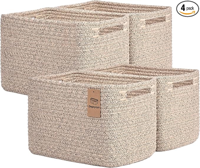 Storage Baskets for Organizing, 4 Pack Baskets for Shelves, Decorative Storage Bins for Shelves, Cotton Rope Storage Basket with Handles, Woven Basket for Storage, 13''Lx8.7''Wx7.9''H, Brown by Degeyoyo