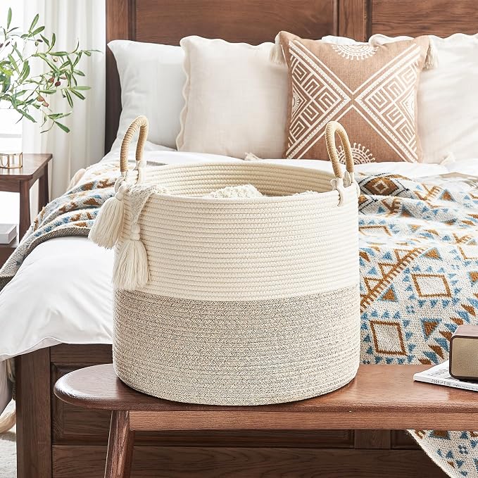 KAKAMAY Large Blanket Basket (18"x18"x16"), Woven Baby Laundry Hamper for Storage, Cotton Rope Basket for Nursery, Laundry, Living Room, Pillows, Baby Toy Chest with Handles (Black Stripes) - Image 4