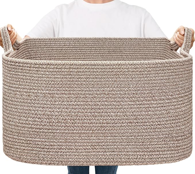 Goodpick Large Woven Rope Blanket Basket, Rectangle, Brown, 75L | 21.6'' x 14.9'' x 11.8'' Storage Basket for Blankets, Toys & Clothes, Living Room & Nursery Organization, Reinforced Handles by Goodpick