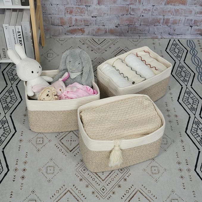 XUANGUO Woven Cotton Rope Storage Baskets 15x10x9.3" 3 Pack White and Brown | Decorative rectangular storage baskets for shelves and closets; storage bins organize clothes, toys, books and nursery items. - Image 4