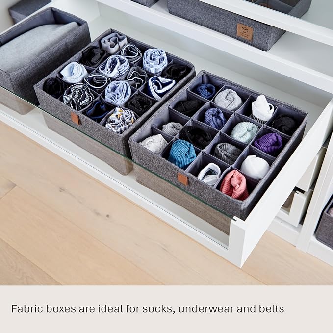LOVE IT STORE IT Premium Drawer Organiser System, 2-Piece Linen Wardrobe Organiser, Reinforced, 16 Compartments for Socks, Underwear, Grey, 30 x 30 x 15 cm - Image 5