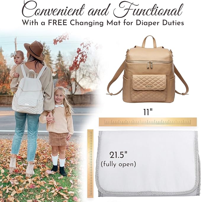 Large Diaper Bag Backpack by Luli Bebe - Designer Modern Vegan Leather Stylish Baby Backpack Diaper Bag for Mom, Multipurpose, Roomy, with Changing Pad (Latte Brown) - Image 6