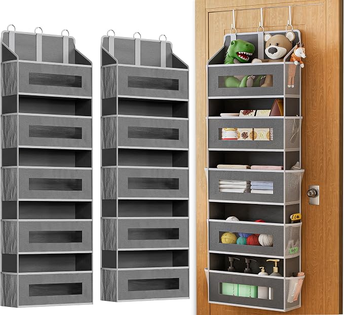 2 Pack 5 Tier Over The Door Organizer Space-Saving Storage for Any Room | Grey Hanging Closet Organizer with 10 Mesh Pockets and Clear Windows, Closet Organizers and Storage for Bathroom, Bedroom by Unknown