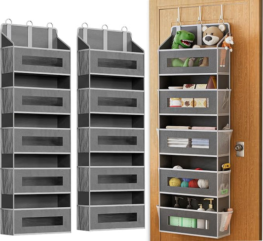 2 Pack 5 Tier Over The Door Organizer Space-Saving Storage for Any Room | Grey Hanging Closet Organizer with 10 Mesh Pockets and Clear Windows, Closet Organizers and Storage for Bathroom, Bedroom by Unknown