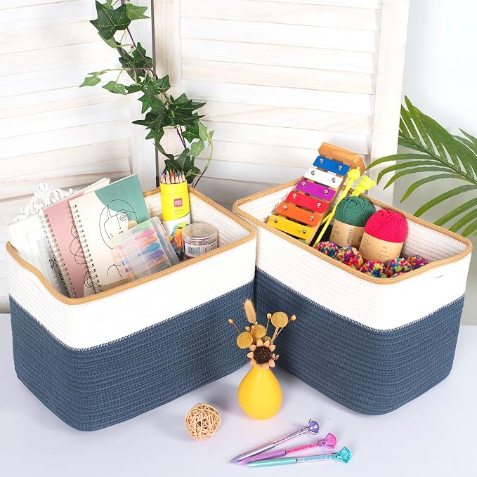 3-Pack Storage Baskets for Shelves, Playroom and Classroom Storage Basket, Book Basket, Decorative Storage Cube Bins, Woven Closet Organizers, Pantry and Shoe Organizer, Prussian Blue - Image 2