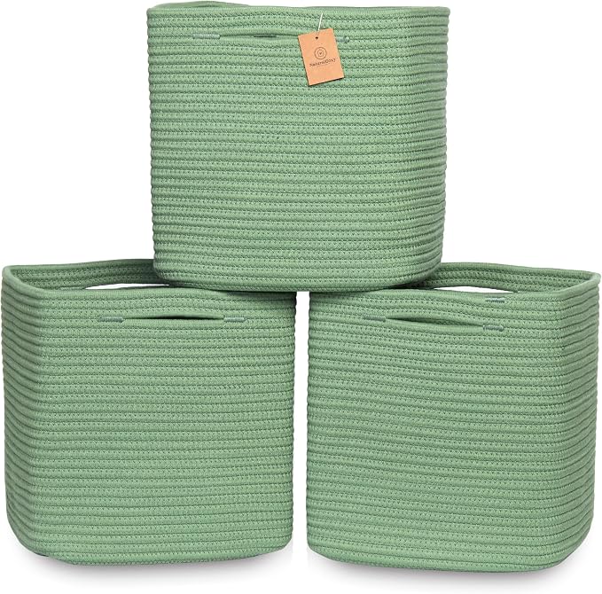 NaturalCozy 13 Inch Cube Storage Bins Cotton Rope Woven Baskets for Organizing 3-Pack | 13 x 13 Storage Cubes | Fabric Square Storage Baskets for Shelves Organizer, Kids Toy Bins, Closet Baby Nursery by NaturalCozy