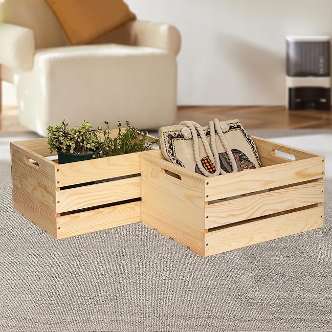 1 Pack Unfinished Pine Wooden Crate (17x13x8.9 Inches), DIY Wooden Storage Crate with Handles, Easy-Assemble Pine Milk Crates Style Organizer for Home/Office/Farmhouse Decor (1) - Image 5