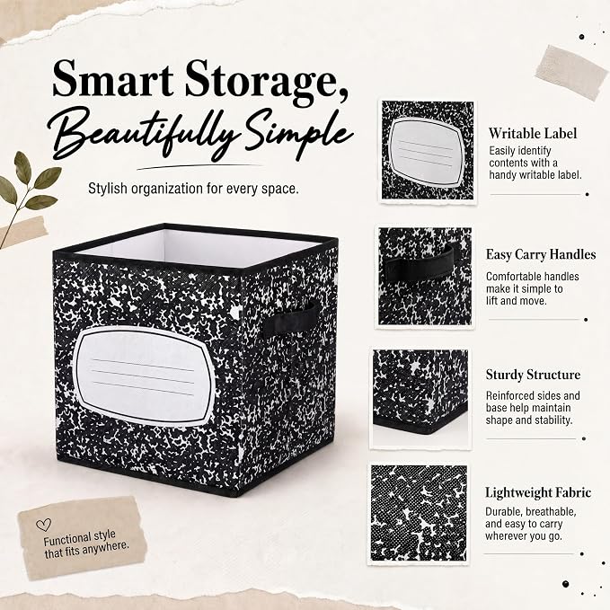 Yookeer 12 Pcs 11 Inch Composition Notebook Fabric Storage Cube Bin with Handle Zebra Print Foldable Classroom Container Cubby Basket for Back to School Decoration Office Home Nursery Organizer - Image 5