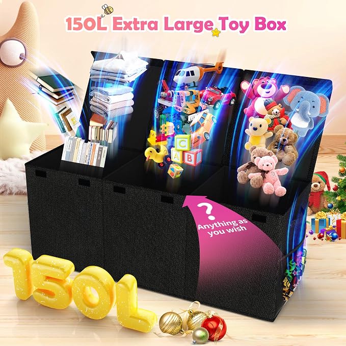 Extra Large Toy Box, Collapsible Toy Storage Organizer, 40"x16"x16", Black | Sturdy Kids Toys Bin Chest with 2 Mesh Pockets and Dividers for Boys Girls, Bedroom & Living room Toy Organization - Image 2