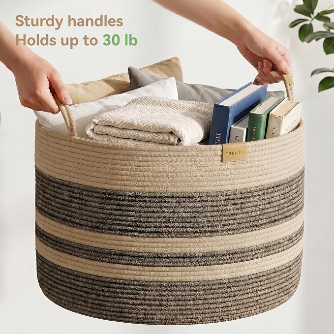 Nunsino 115L Woven Blanket Basket with Leather Handles, Cotton Rope Laundry Basket Hamper,Decorative Nursery Basket Toy Storage Basket for Kids, Living Room, Bedroom, Dark Brown Stripes - Image 5