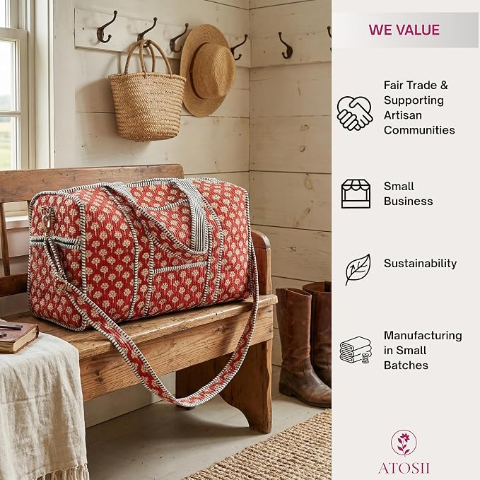 ATOSII Handblock Print 100% Cotton Large Quilted Duffle Bag for Overnight Trip, Travel Weekend Bag, Luggage, 2 Pockets with Zipper, 1 Front Pocket, Detachable Long Strap, 20 X 10 X 12 Inches, Terra - Image 5