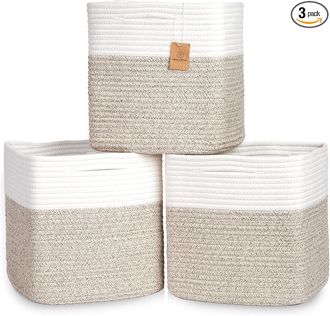 NaturalCozy 13 Inch Cube Storage Bins Cotton Rope Woven Baskets for Organizing 3-Pack | 13 x 13 Storage Cubes | Fabric Square Storage Baskets for Shelves Organizer, Kids Toy Bins, Closet Baby Nursery by NaturalCozy