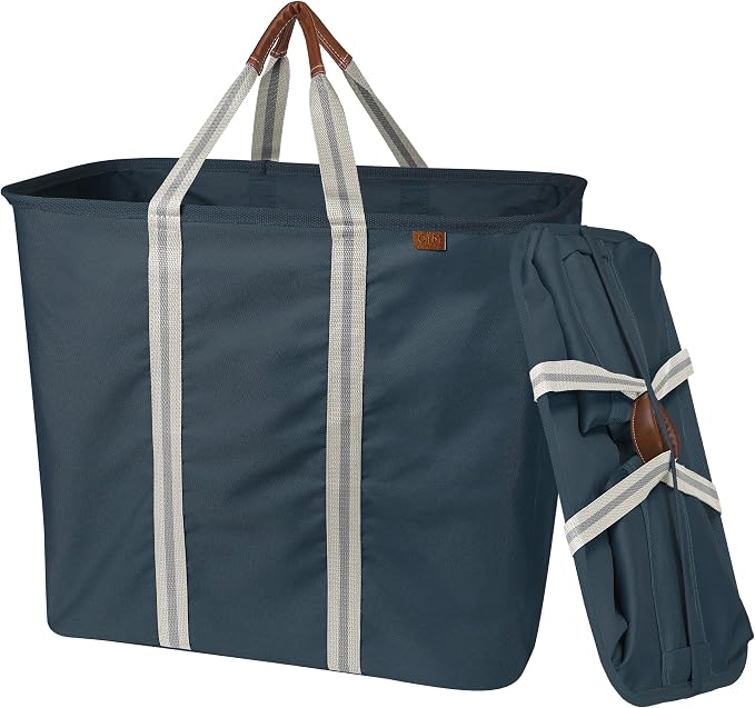 Collapsible Laundry Caddy LUXE (300D) - Navy Noir/Cream (2PK) | Upgrade Visible Laundry Storage | Refined Fabric and Vegan Leather Suit Open Rooms, While Structured Frame Carries 2 Loads - Image 8