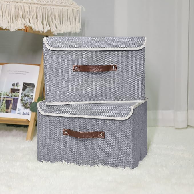 ANMINY Fabric Storage Box Bins with Lids, Gray, 15"x10"x10", 4 Pack | Keepsake Memory Storage, Cotton Linen, PP Board Reinforced, Washable, PU Handles, Foldable & Stackable, Decorative, Large - Image 2
