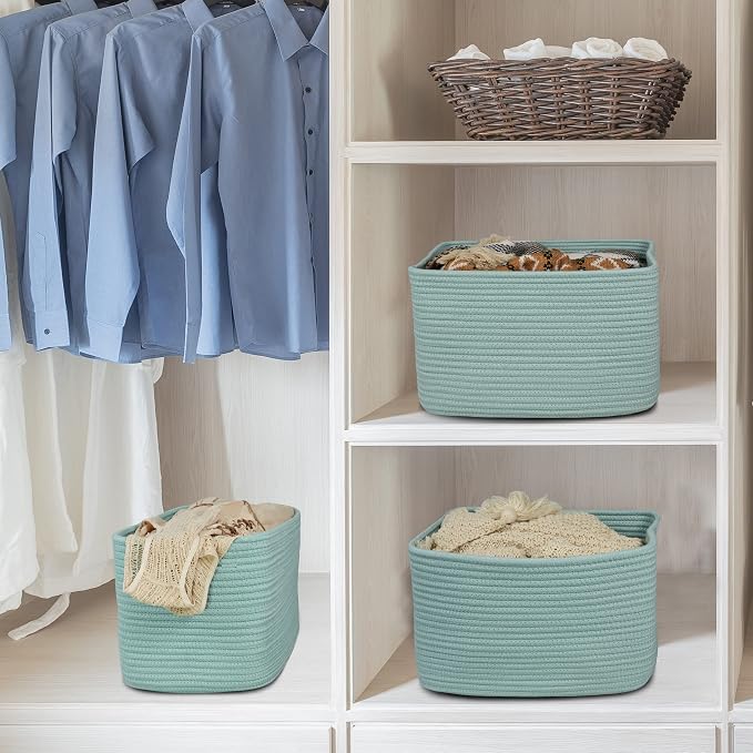 XUANGUO Woven Cotton Rope Storage Baskets 15x10x9.3" 3 Pack Green | Decorative rectangular storage baskets for shelves and closets; storage bins organize clothes, toys, books and nursery items. - Image 6