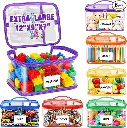 6-Pack Extra Large Clear Toy Storage Bags Transparent Waterproof With Zippers & Labels Durable Reusable Organizer for Blocks,Puzzles & Games by Elover