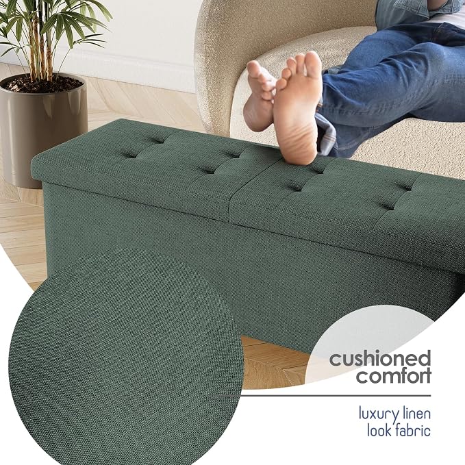 Storage Ottoman Bench with Bins, 43-in Storage Bench for Bedroom End of Bed, Folding Foot Rest Ottoman for Living Room Max 660lbs, Fabric Ottomans, Green - Image 7