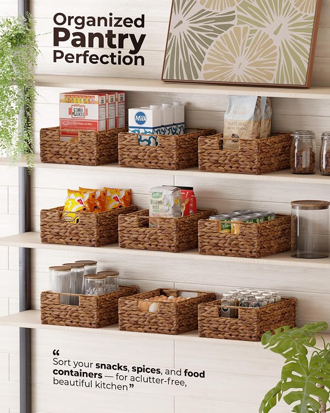 Bluewest Woven Water Hyacinth Storage Baskets with Handles, 6-Pack, Brown | Organizer and Laundry Basket with Carrying Handles, Designed as a Rattan Bin for Shelves, Closets and Household Essentials. - Image 8