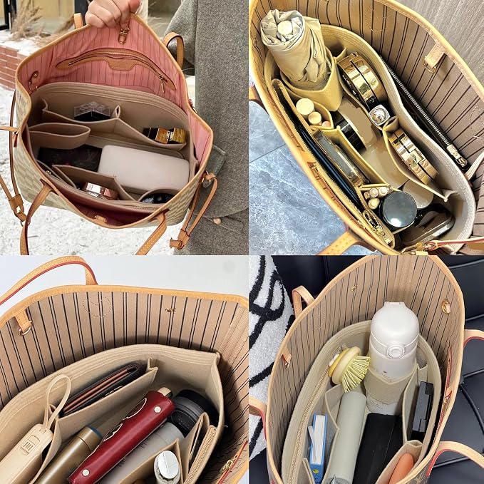 Tote Bag Organizer Insert with Base Shaper, Felt Neverfull MM Organizer, Purse Organizer Insert with Zipper Pocket and Bottle Holder, Fits Speedy 30 Neverfull MM Tote Handbags and More,Beige-L - Image 8