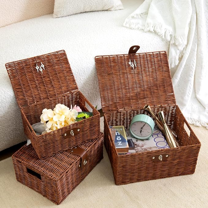 Set of 3 Woven Wicker Storage Basket Box with Lids & Lock, Built-in Carry Handles, Multifunctional Storage Organizer for Nursery, Baby, Toys, CLoset, DVD Large/Medium/Small Size (Natural) - Image 5