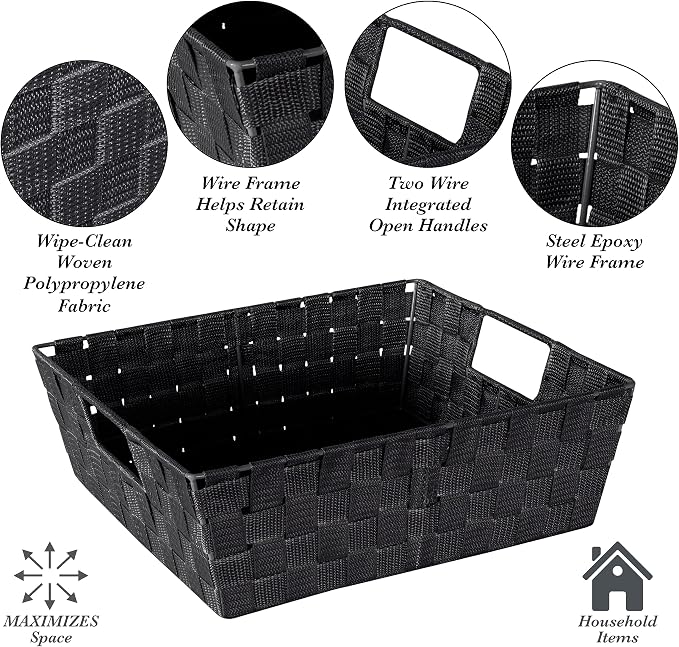 Simplify Large Shelf Woven Strap Tote | Decorative Storage Basket | Built in Handles | Organization | Closet | Bedroom | Bathroom | Nursery | Accessories | Toys | Gifts | 2 Pack | Black - Image 3