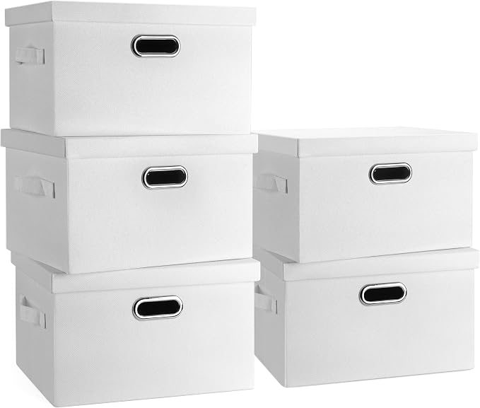 Graciadeco Medium 15" 21 Quart Collapsible Stackable Storage Bins with Lids, 5 Packs White Foldable Fabric Closet Storage Boxes with Lids, Lidded Heavy-duty Linen Baskets(15x11x8) | 21 Quart 5 Pack White Collapsible Stackable Linen Fabric 4 Handles Bed... by GraciadecoStorage
