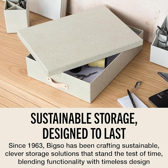Bigso Oskar Fiberboard Document Storage Box with Lid for A4 and Letter Size Papers - Stylish, Sturdy, and Stackable Keepsake Box with Leather Handle - W10.2in x D13.8in x H3.3in - Waves Gold - Image 7