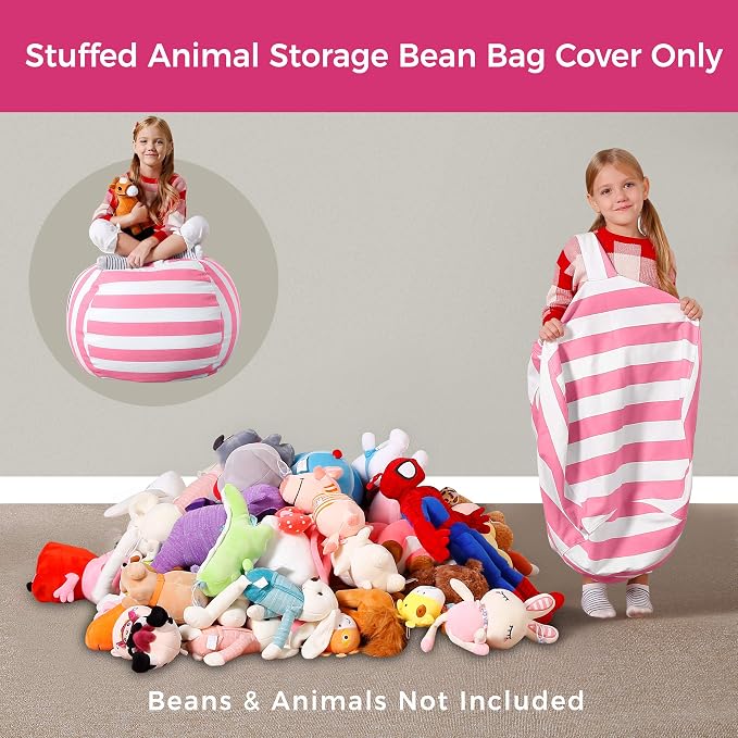 Aubliss Stuffed Animal Bean Bag Storage Chair, Beanbag Covers Only | for Organizing Plush Toys, Turns into Bean Bag Seat for Kids When Filled, Medium 32"-Canvas Stripes Pink/White - Image 3