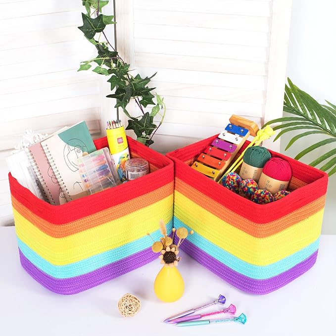 3-Pack Storage Baskets for Shelves, Playroom and Classroom, Book Basket, Decorative Storage Cube Bins, Woven Closet Organizers, Pantry and Shoe Organizer, Rainbow - Image 2