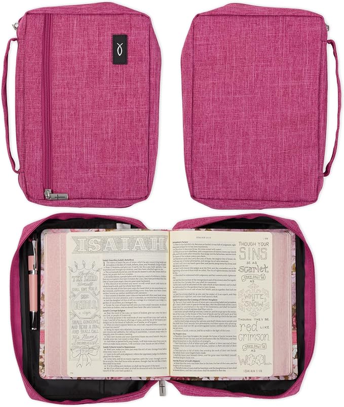Christian Art Gifts Polyester Bible Cover for Men & Women w/Jesus Fish Patch, Secure Zipper Pocket, Pen Loops, Easy Carry Book Case for Stationery, Accessories, Pink, Large - Image 6