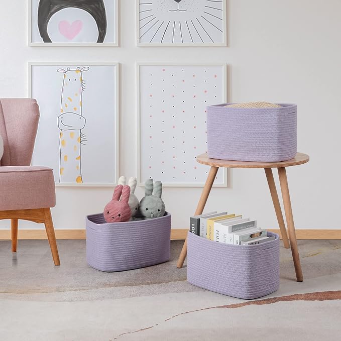 XUANGUO Woven Cotton Rope Storage Baskets 15x10x9.3" 3 Pack Purple Lavender | Decorative rectangular storage baskets for shelves and closets; storage bins organize clothes, toys, books and nursery items. - Image 6