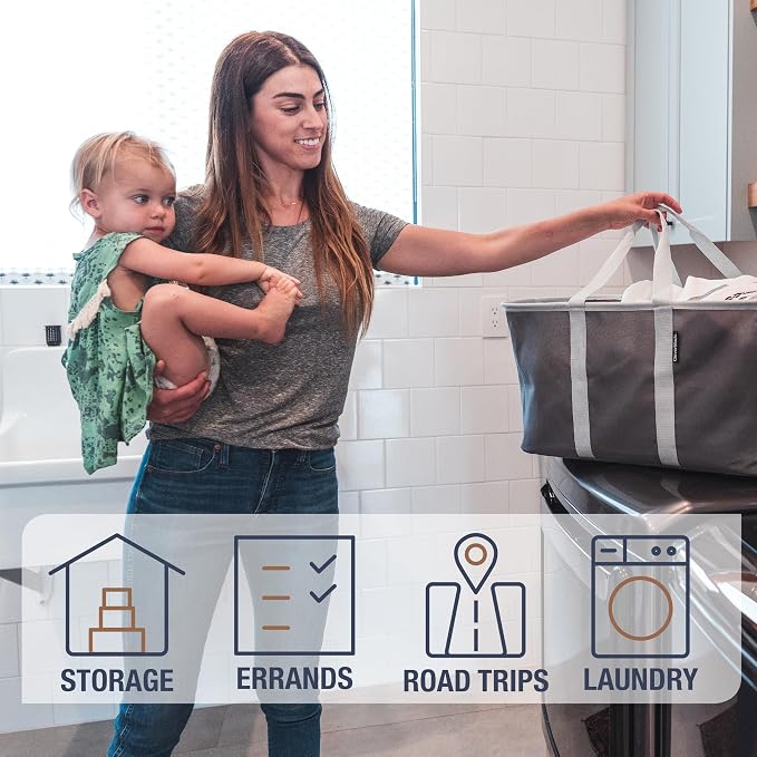 CleverMade Collapsible Fabric Laundry Baskets - Foldable Pop Up Storage Container Organizer Bags - Large Rectangular Space Saving Clothes Hamper Tote with Carry Handles, Pack of 2, Denim | Carry a Full Load with One Hand | Long Center Handles Balance 5... - Image 3