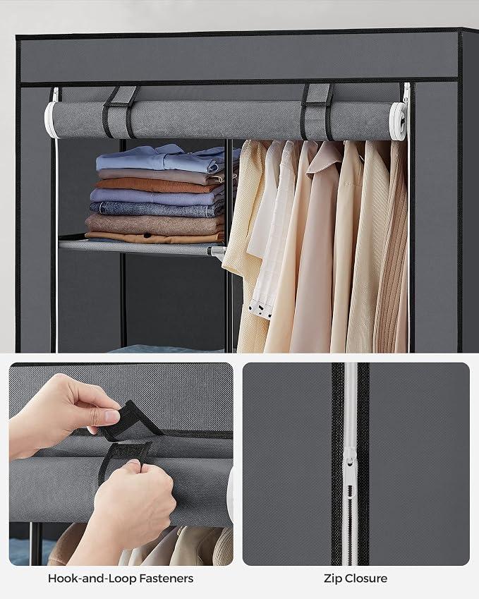 SONGMICS Portable Closet, Fabric Wardrobe, Clothes Rack with Shelves | Large Capacity, 1 Hanging Rod, Pockets, 17.7 x 34.6 x 66.1 Inches, Dove Gray, RYLAN Collection URYG84GY - Image 7