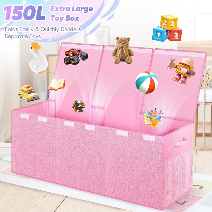 Extra Large Toy Box with Lids, Collapsible Storage Chest, 40"x16"x16" Pink | Sturdy Toy Storage Organizer with Dividers, Toybox for Kids Boys Girls, Bedroom Nursery Playroom Organization - Image 2
