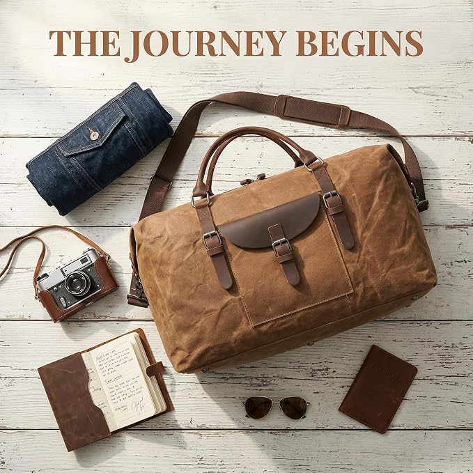 NEWHEY 55L Travel Duffel Bag, Waterproof Waxed Canvas & Leather Weekender Bag for Men, Large Carry-on Overnight Bag for 4-5 Day Business Trips & Weekend Getaways, Brown - Image 8