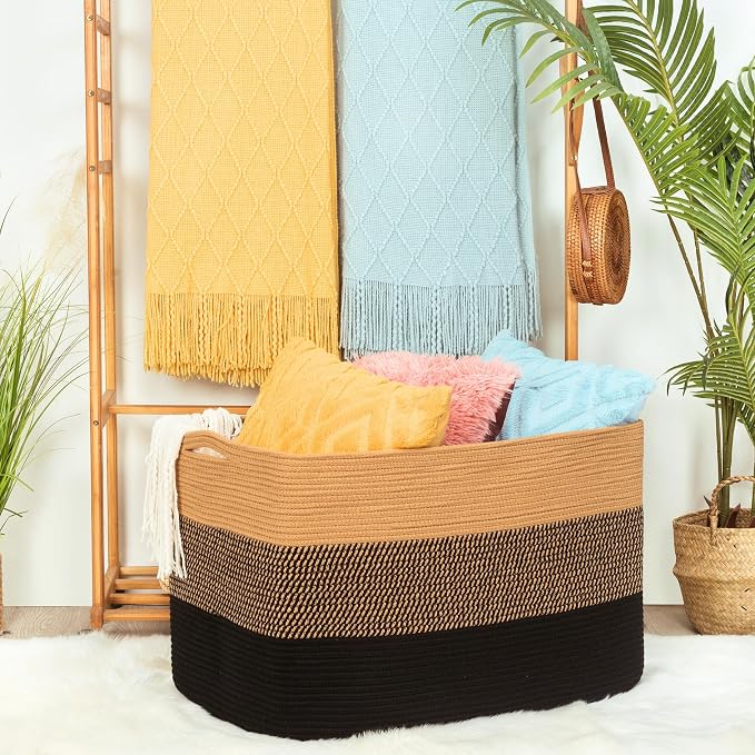 112L Extra Large Blanket Basket Holder Living Room, 25"x17"x16" Rectangle Rope Woven Storage Basket with Handles for Laundry, Pool Towels, Shoes, Dog Toy Organizer Bin Box, Black Jute - Image 4