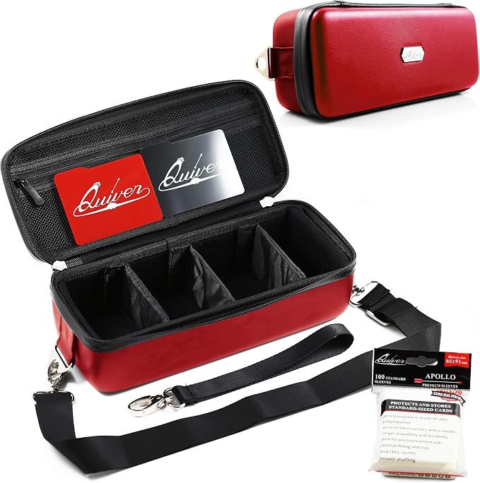 Red Bolt Card Carrying Case fits PM Cards and other TCG Games - Storage Bag for Playing/Trading Cards and Deck Box (Straps, Dividers & 100 Apollo Card Sleeves) | Fits 800+ cards, PU leather, adjustable velcro dividers, shoulder strap, 100 Apollo sleeve... by QuiverTime%C2%AE